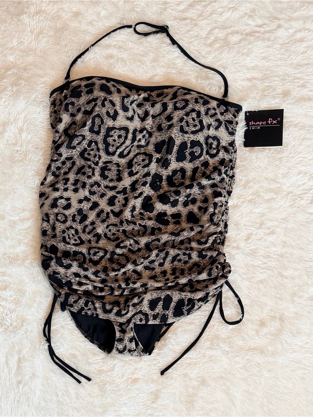 Shape FX Leopard Print Ruched Bandeau One-Piece Swimsuit NWT - Size 14